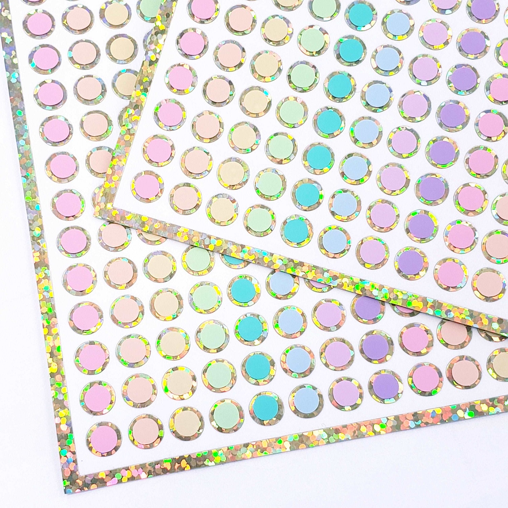 Pastel Colors Rainbow Dots Sticker Sheets, set of 368 small round multi color vinyl dot decals, one quarter inch dot stickers, gold outline.