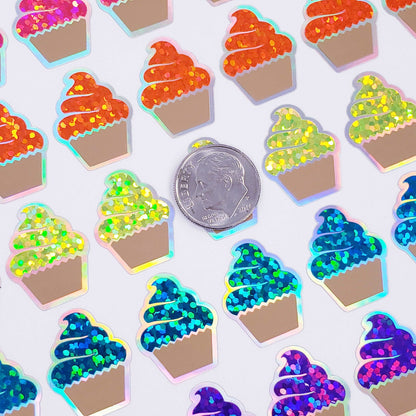 Rainbow Cupcake Glitter Stickers, set of 45 small birthday party cupcake decals for gift bags, invitations, envelopes and scrapbook pages.