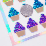 Rainbow Cupcake Glitter Stickers, set of 45 small birthday party cupcake decals for gift bags, invitations, envelopes and scrapbook pages.