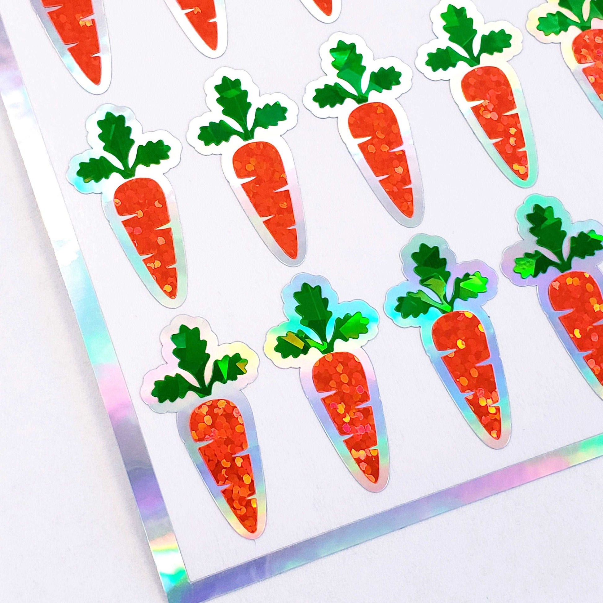 Carrot Stickers, set of 30 pretty orange and green sparkly carrot stickers for Easter basket gifts, calendars, planners and recipe cards.