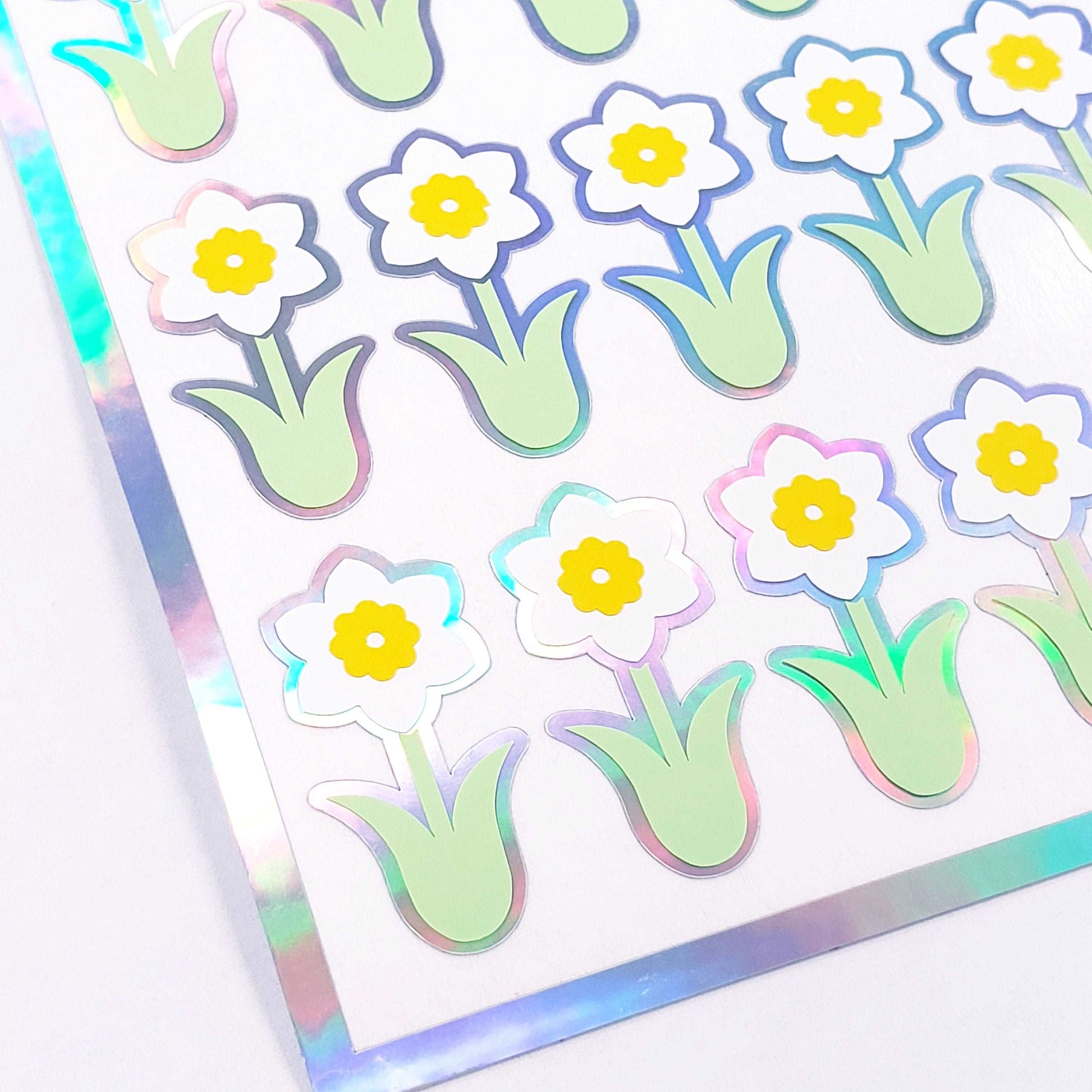 Daffodil Stickers, set of 35 flower decals for Easter, Mother's Day, Spring weddings, sticker gift for gardeners, silver outline.