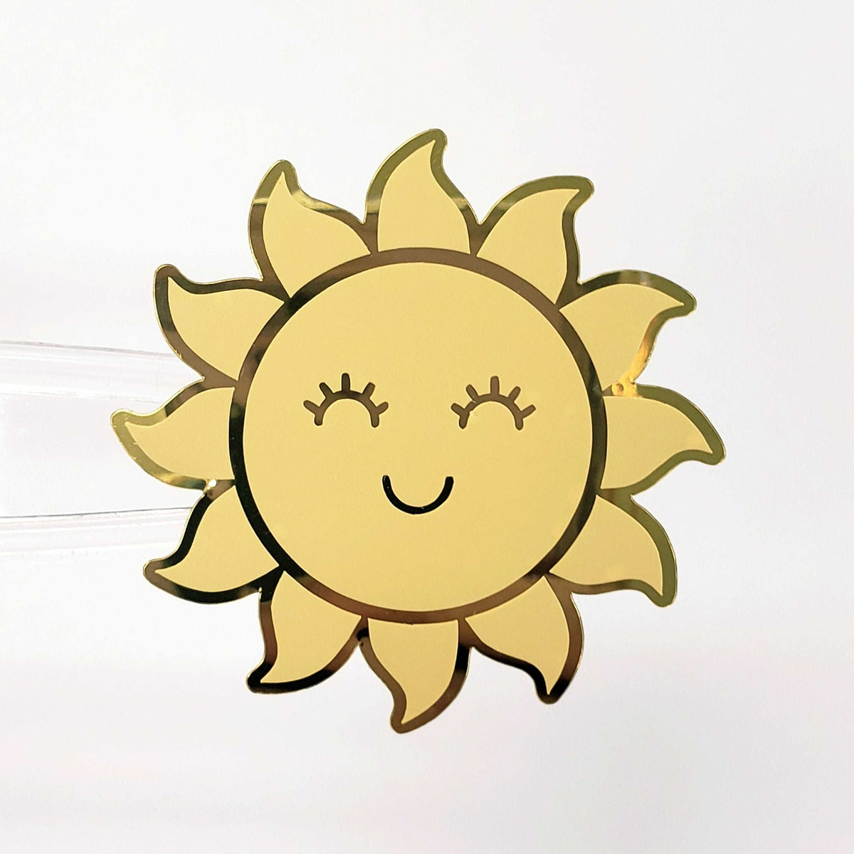 Happy Sun Stickers, set of 6 shiny yellow and gold smiling sun vinyl stickers for daily journals, cards, notebooks, envelopes and laptops.