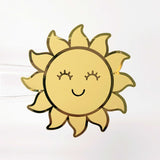 Happy Sun Stickers, set of 6 shiny yellow and gold smiling sun vinyl stickers for daily journals, cards, notebooks, envelopes and laptops.