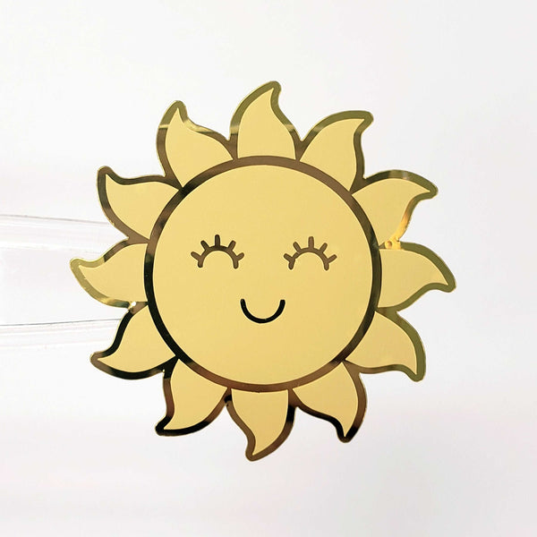 Happy Sun Stickers, set of 6 shiny yellow and gold smiling sun vinyl stickers for daily journals, cards, notebooks, envelopes and laptops.
