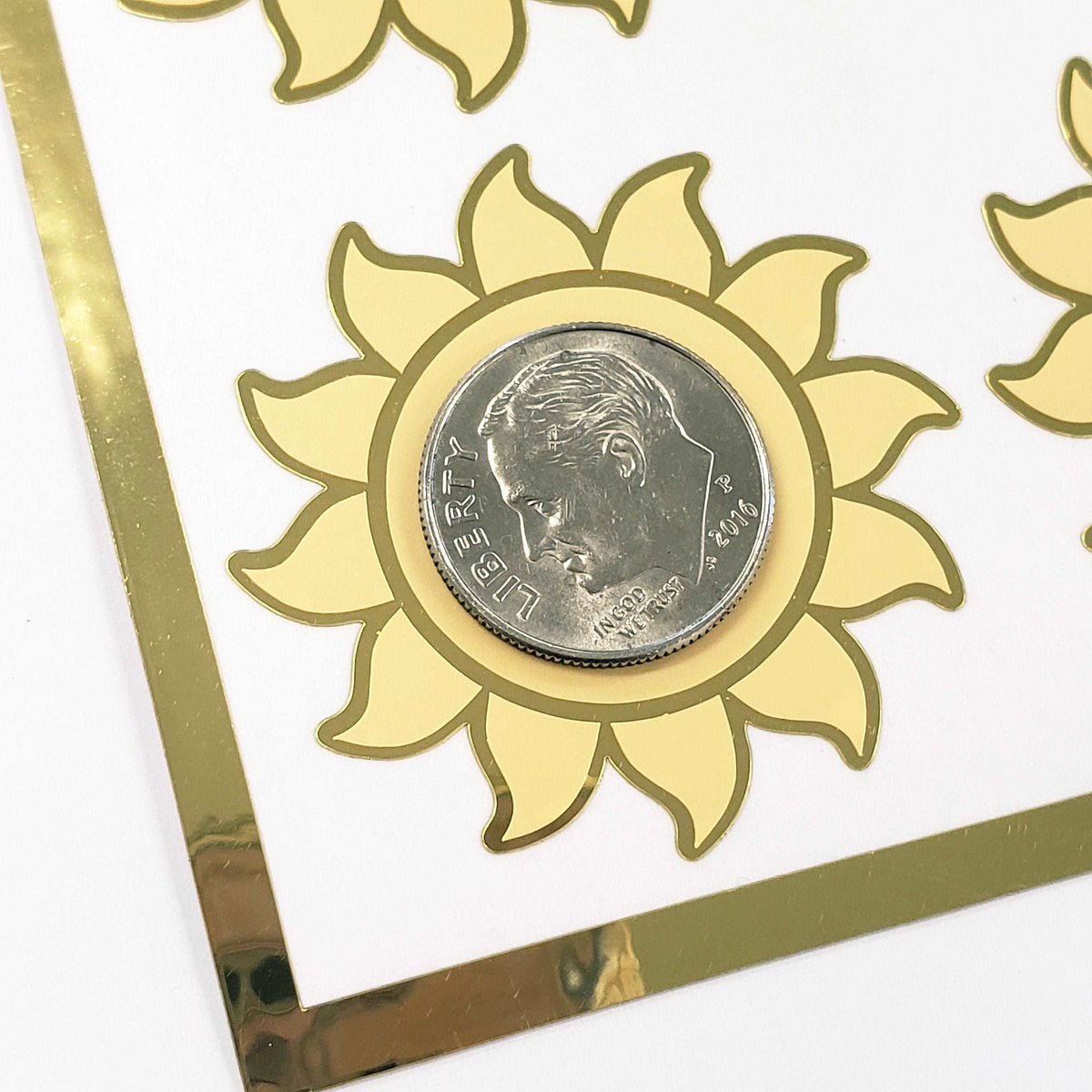 Happy Sun Stickers, set of 6 shiny yellow and gold smiling sun vinyl stickers for daily journals, cards, notebooks, envelopes and laptops.