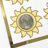 Happy Sun Stickers, set of 6 shiny yellow and gold smiling sun vinyl stickers for daily journals, cards, notebooks, envelopes and laptops.