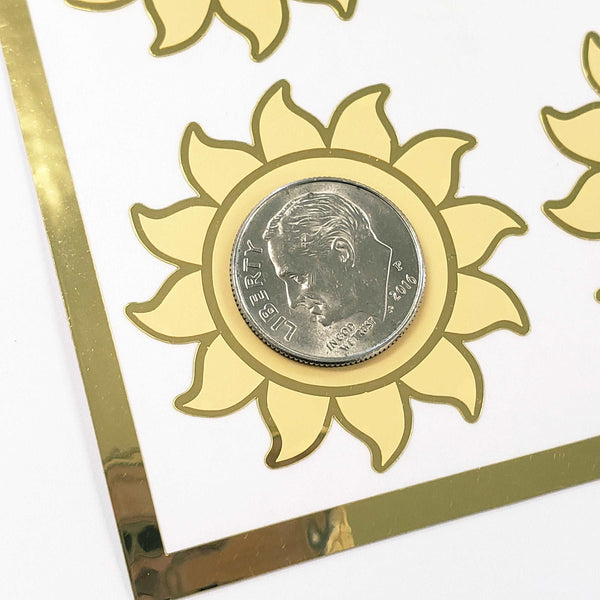 Happy Sun Stickers, set of 6 shiny yellow and gold smiling sun vinyl stickers for daily journals, cards, notebooks, envelopes and laptops.