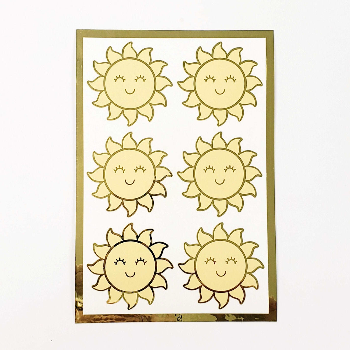 Happy Sun Stickers, set of 6 shiny yellow and gold smiling sun vinyl stickers for daily journals, cards, notebooks, envelopes and laptops.