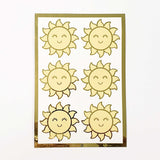 Happy Sun Stickers, set of 6 shiny yellow and gold smiling sun vinyl stickers for daily journals, cards, notebooks, envelopes and laptops.