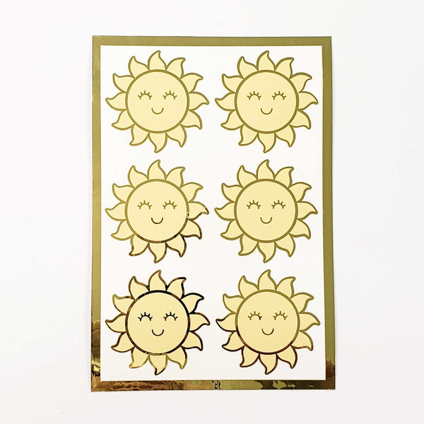 Happy Sun Stickers, set of 6 shiny yellow and gold smiling sun vinyl stickers for daily journals, cards, notebooks, envelopes and laptops.