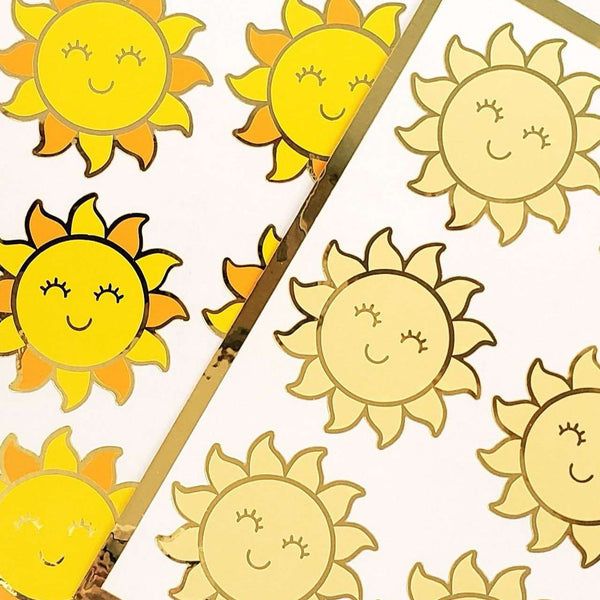 Happy Sun Stickers, set of 6 shiny yellow and gold smiling sun vinyl stickers for daily journals, cards, notebooks, envelopes and laptops.