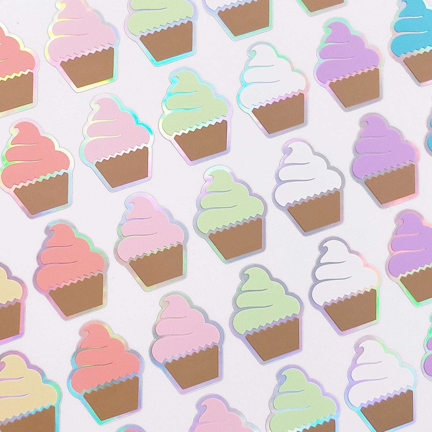 Cupcakes Stickers, set of 45 small birthday party cake decals for favors, invitations, envelopes and scrapbooks, pastel rainbow colors