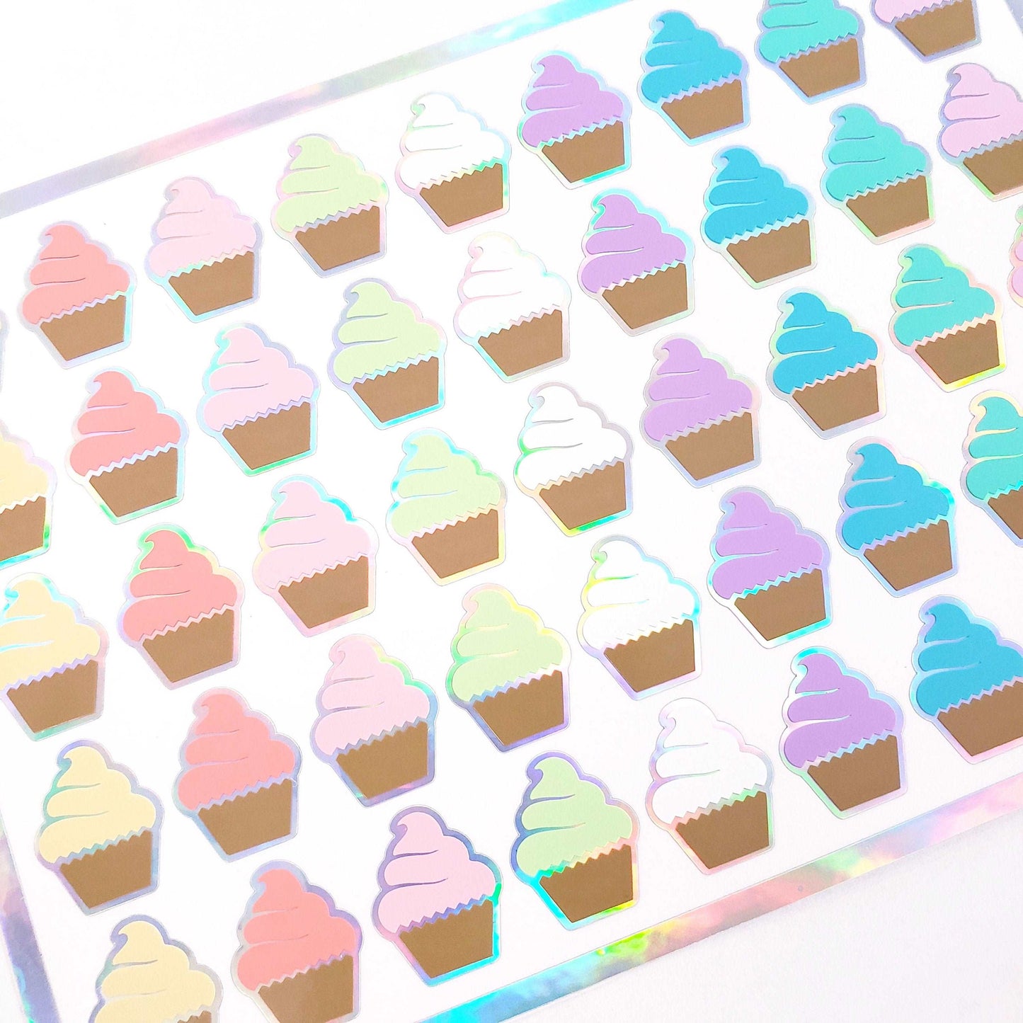 Cupcakes Stickers, set of 45 small birthday party cake decals for favors, invitations, envelopes and scrapbooks, pastel rainbow colors