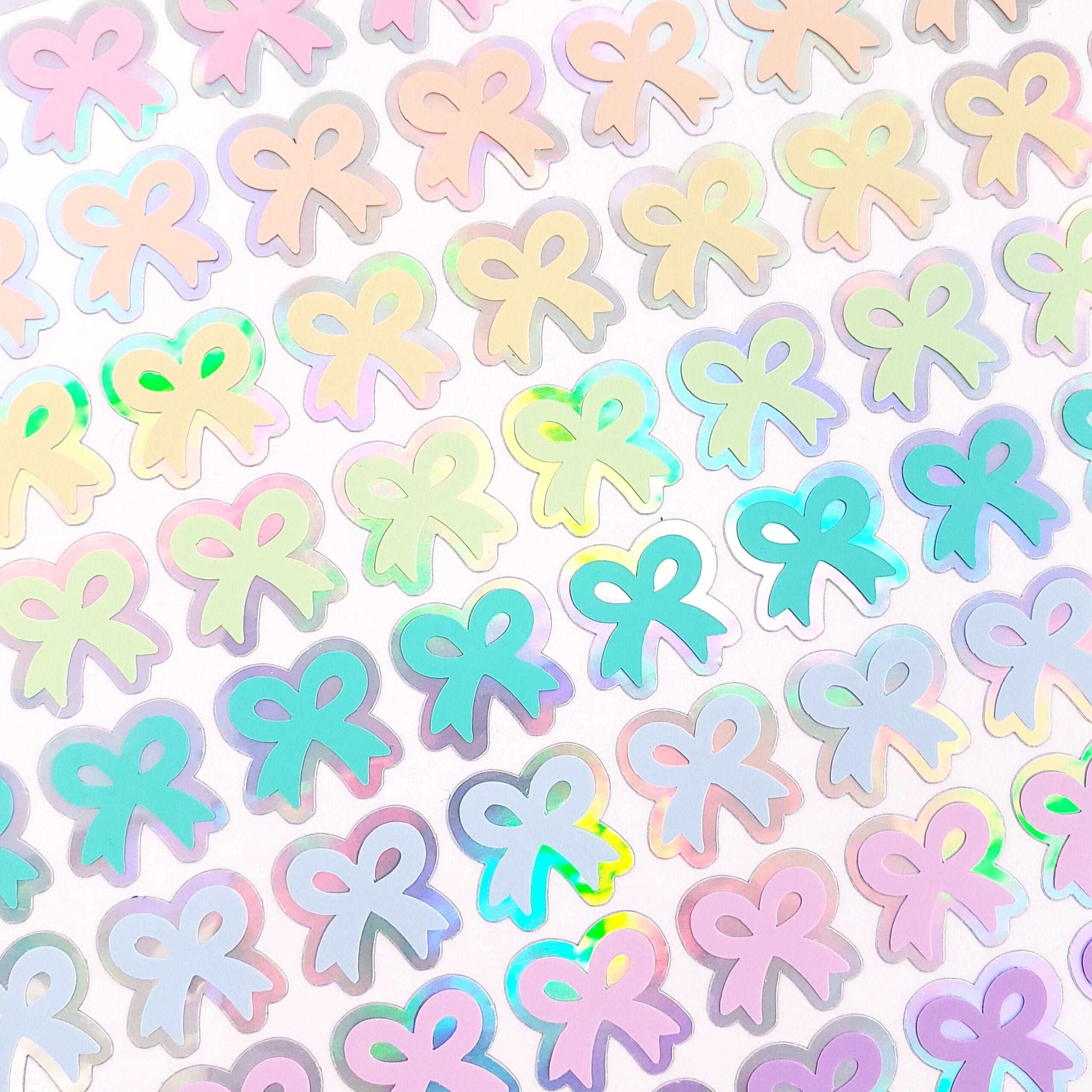 Bow Stickers, set of 88 small ribbon stickers in pastel rainbow colors, peel and stick decals for planners, journals, gift tags and cards.