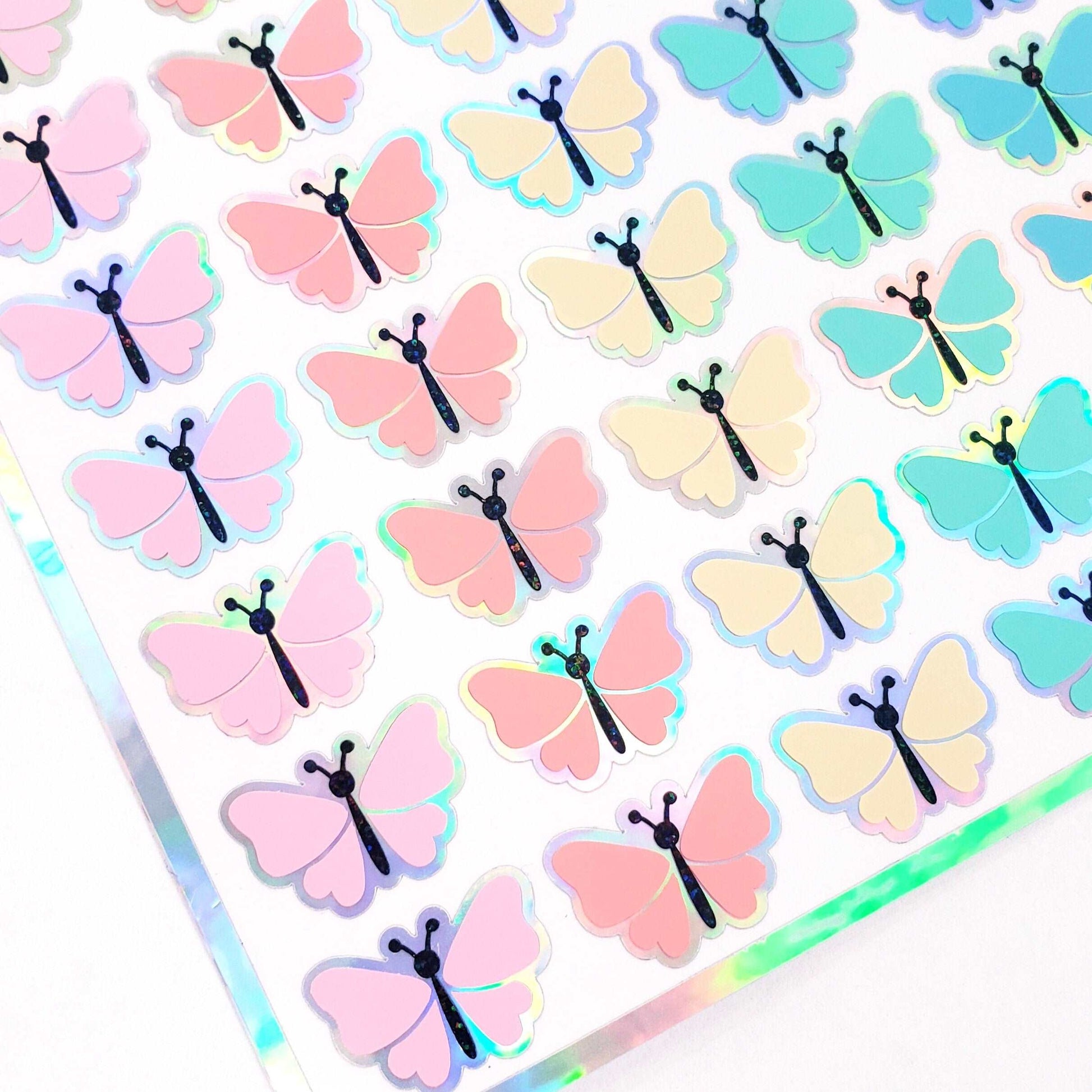 Pastel Rainbow Butterfly Stickers, set of 49 cute multi color vinyl butterflies for Spring crafts, Easter baskets and Mother's Day cards.