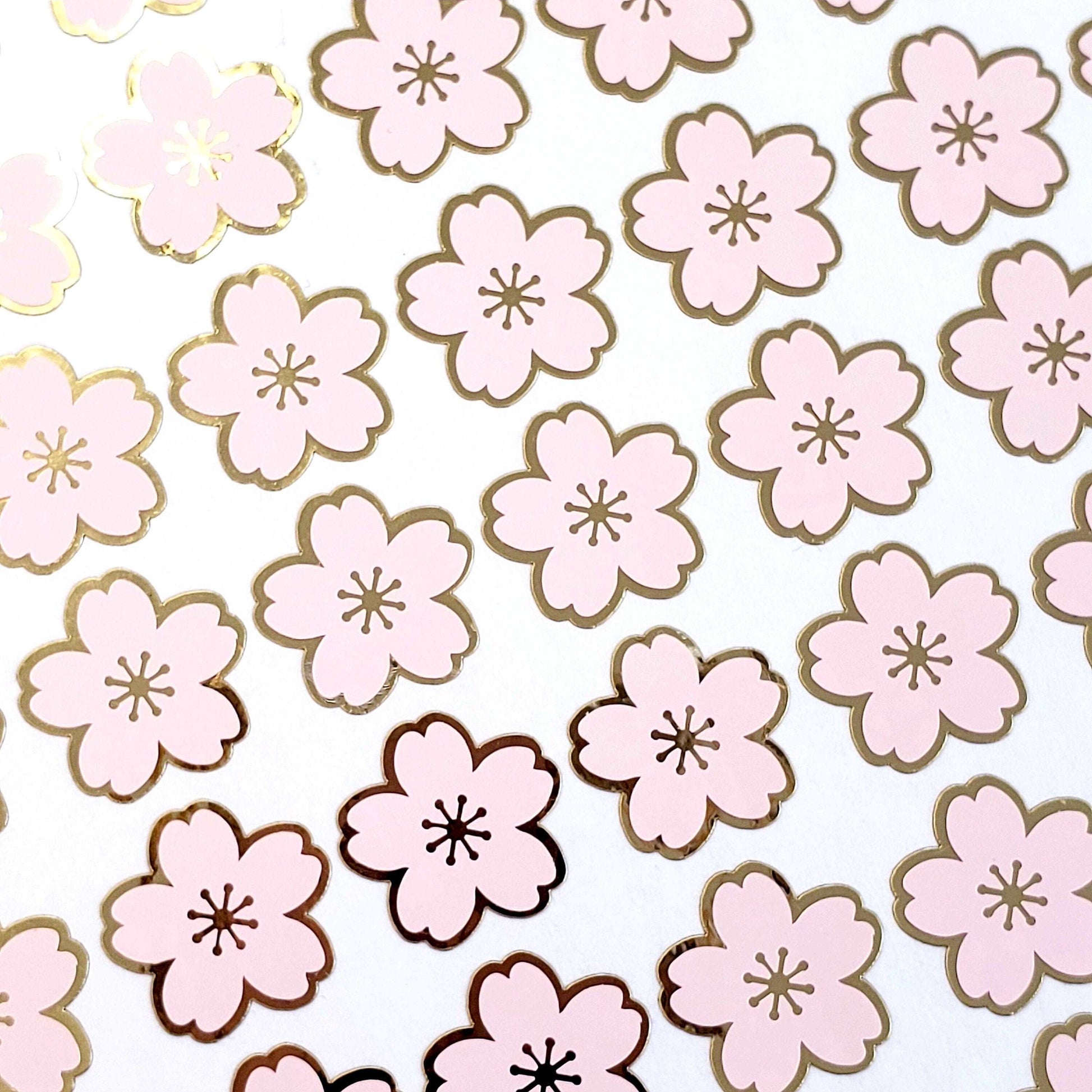 Pink Cherry Blossom Flower Stickers, set of 70 pale pink and gold Sakura flowers stickers for spring weddings, small one half inch flowers.
