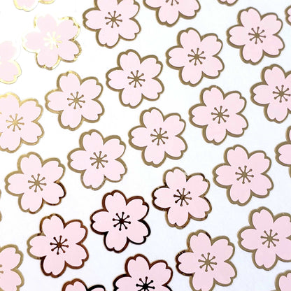 Pink Cherry Blossom Flower Stickers, set of 70 pale pink and gold Sakura flowers stickers for spring weddings, small one half inch flowers.