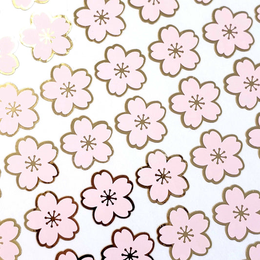 Pink Cherry Blossom Flower Stickers, set of 70 pale pink and gold Sakura flowers stickers for spring weddings, small one half inch flowers.