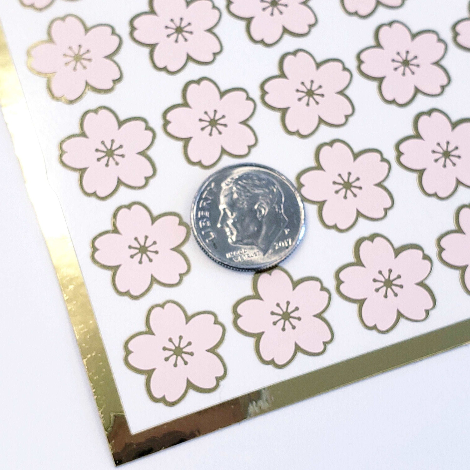 Pink Cherry Blossom Flower Stickers, set of 70 pale pink and gold Sakura flowers stickers for spring weddings, small one half inch flowers.