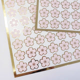 Pink Cherry Blossom Flower Stickers, set of 70 pale pink and gold Sakura flowers stickers for spring weddings, small one half inch flowers.