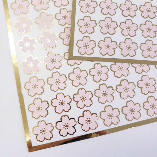 Pink Cherry Blossom Flower Stickers, set of 70 pale pink and gold Sakura flowers stickers for spring weddings, small one half inch flowers.