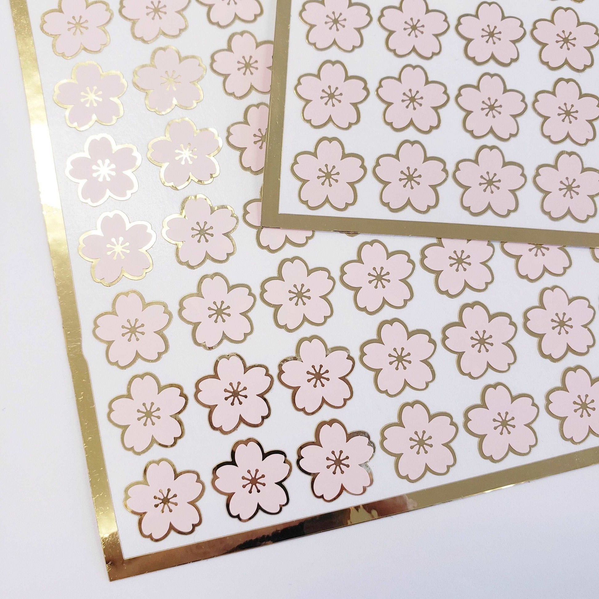 Pink Cherry Blossom Flower Stickers, set of 70 pale pink and gold Sakura flowers stickers for spring weddings, small one half inch flowers.