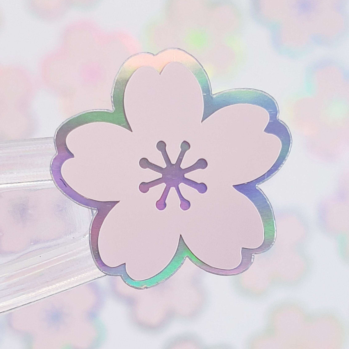 Pink Cherry Blossom Flower Stickers, set of 70 pale pink and silver Sakura flower stickers for spring weddings, small one half inch flowers.