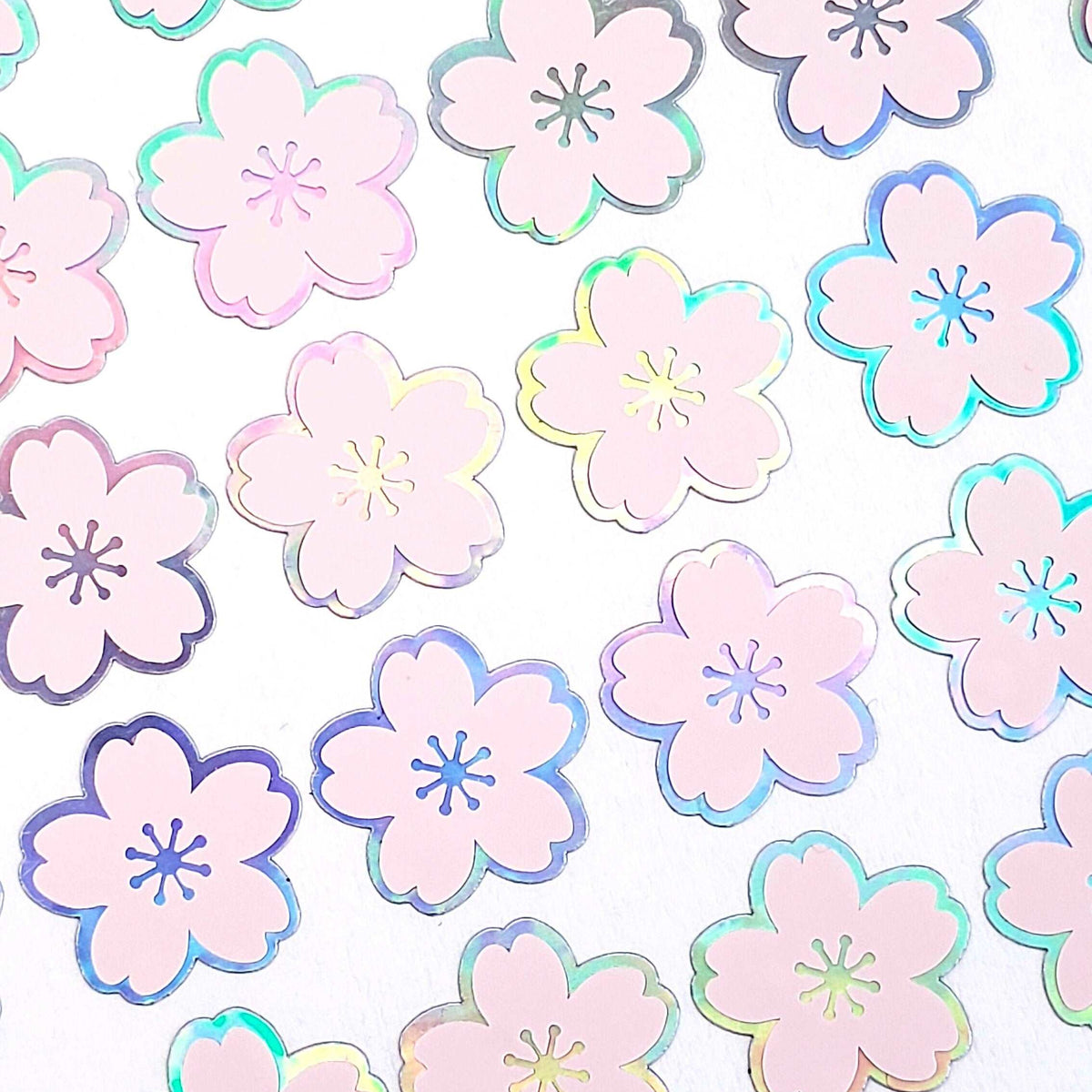 Pink Cherry Blossom Flower Stickers, set of 70 pale pink and silver Sakura flower stickers for spring weddings, small one half inch flowers.