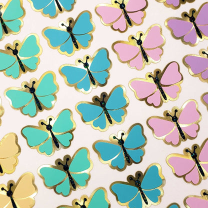 Butterfly Stickers, set of 49 cute multi color pastel rainbow butterflies for Spring crafts, laptops, notebooks and journals, gold outline.