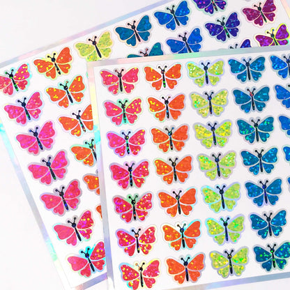 Butterfly Stickers, set of 49 cute neon bright rainbow color butterflies for Spring crafts, laptops, notebooks and journals, gold outline.