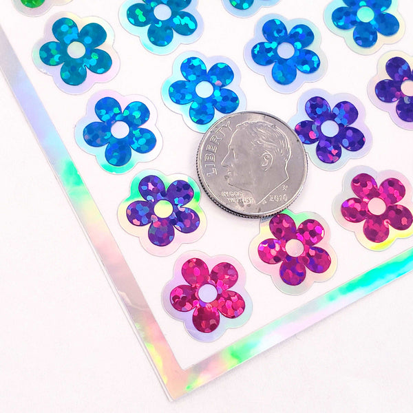 Neon Flower Stickers, set of 88 small rainbow daisy decals, bright glitter vinyl flowers for laptops, planners and notebooks. Sticker gift.