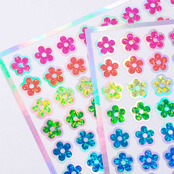 Neon Flower Stickers, set of 88 small rainbow daisy decals, bright glitter vinyl flowers for laptops, planners and notebooks. Sticker gift.