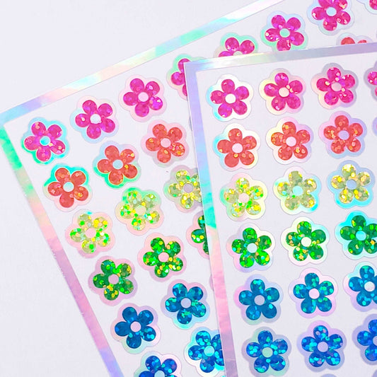 Neon Flower Stickers, set of 88 small rainbow daisy decals, bright glitter vinyl flowers for laptops, planners and notebooks. Sticker gift.