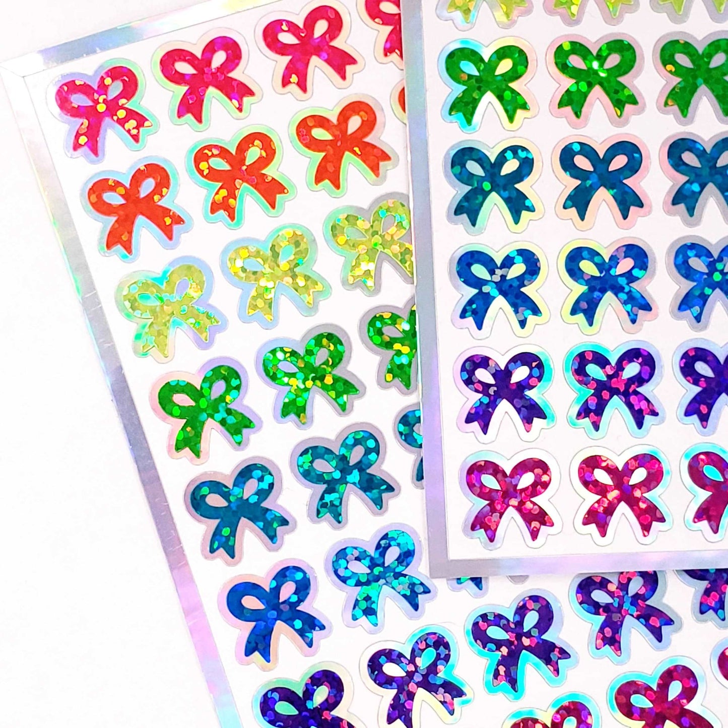 Bow Stickers, set of 88 small ribbon stickers in neon rainbow colors, peel and stick decals for planners, journals, gift tags and cards.