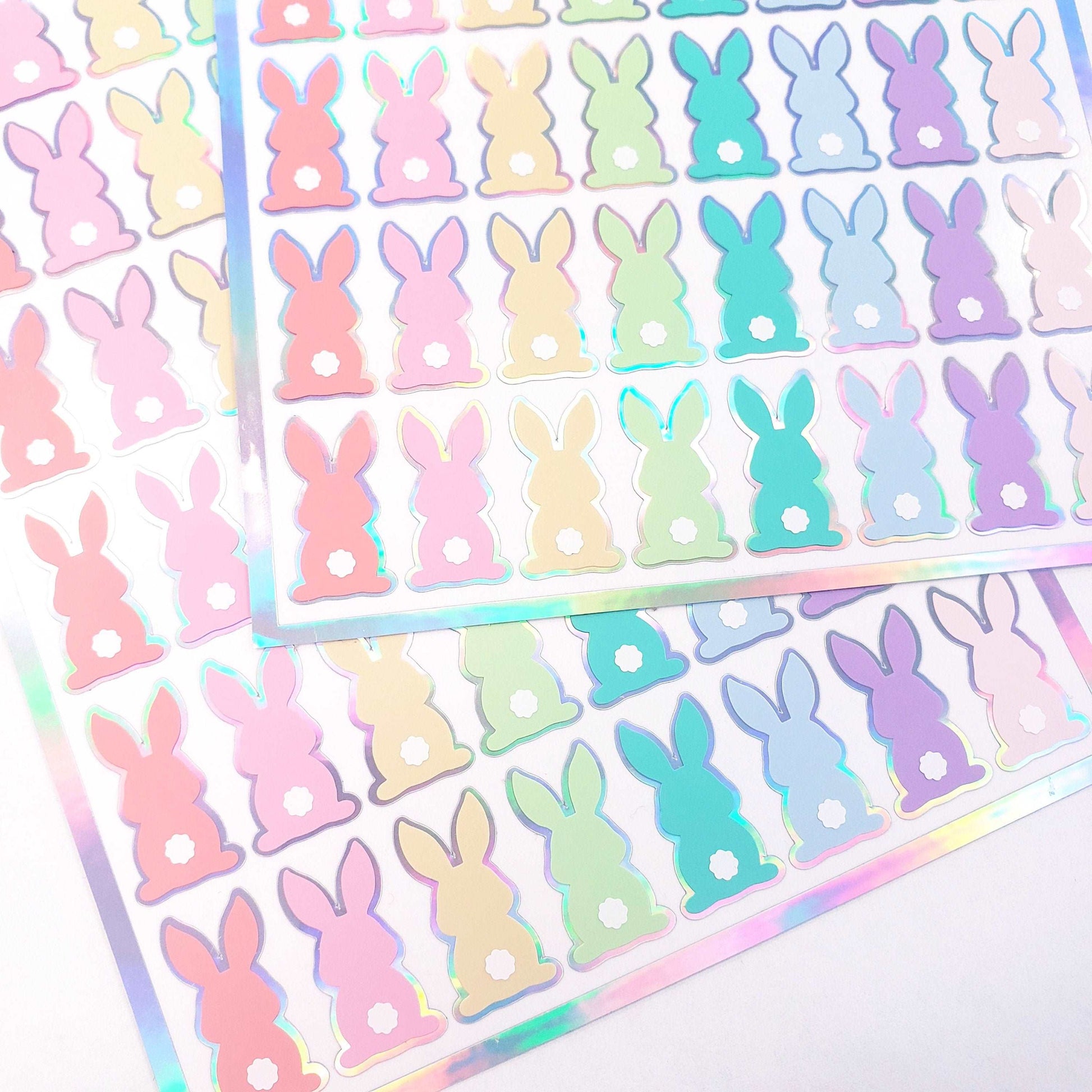Pastel Bunny Stickers, set of 48 cute multi color pastel vinyl bunnies for Spring crafts, Easter baskets and Mother's Day cards.