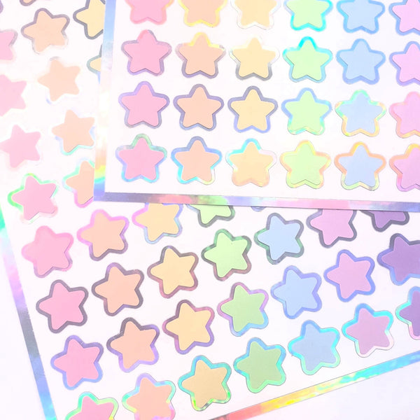 Pastel Rainbow Star Stickers, set of 70 small soft color kawaii stars for cards, envelopes, invitations, laptops and crafts. Silver outline