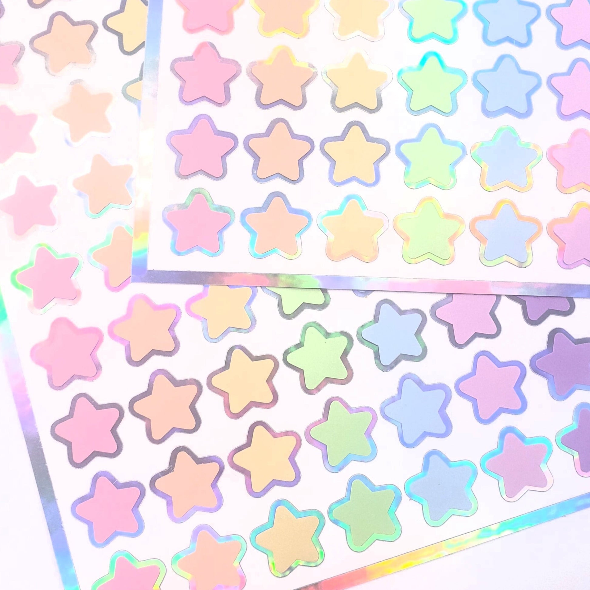 Pastel Rainbow Star Stickers, set of 70 small soft color kawaii stars for cards, envelopes, invitations, laptops and crafts. Silver outline