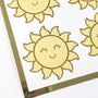 Happy Sun Stickers, set of 6 shiny yellow and gold smiling sun vinyl stickers for daily journals, cards, notebooks, envelopes and laptops.