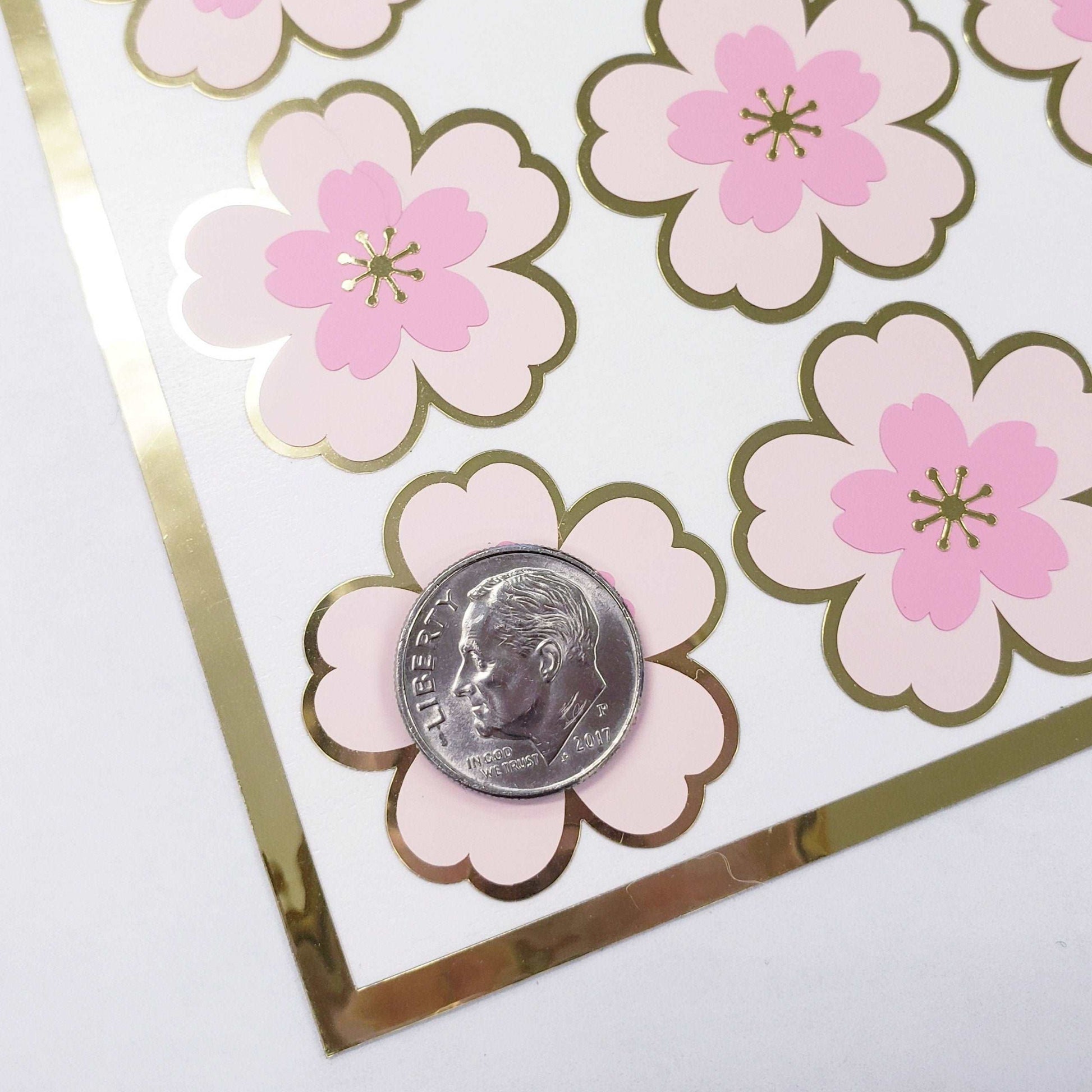 Set of 20 Pink and Gold Cherry Blossom Stickers, Sakura Flower Decals, Spring Crafts, Wedding Envelope Seals, Mother's Day Gift, waterproof.