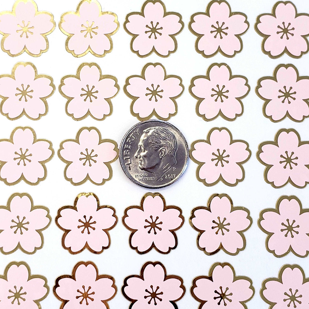 Pink Cherry Blossom Flower Stickers, set of 70 pale pink and gold Sakura flowers stickers for spring weddings, small one half inch flowers.