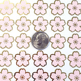 Pink Cherry Blossom Flower Stickers, set of 70 pale pink and gold Sakura flowers stickers for spring weddings, small one half inch flowers.