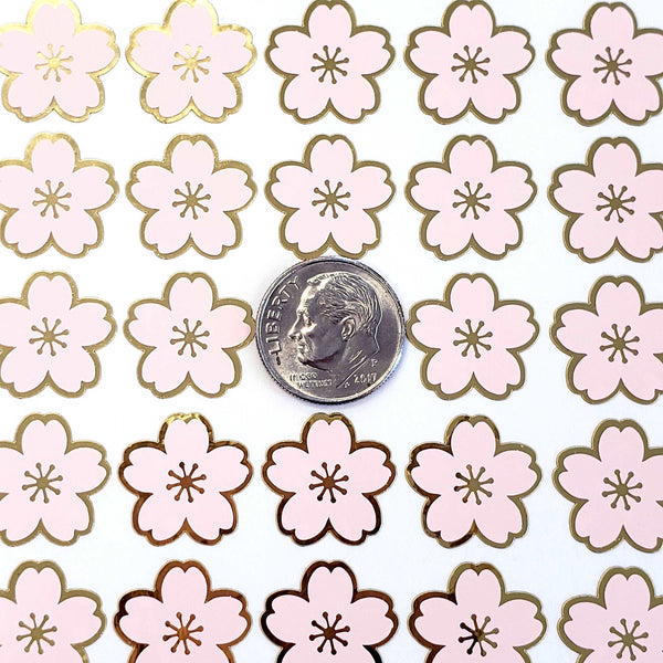 Pink Cherry Blossom Flower Stickers, set of 70 pale pink and gold Sakura flowers stickers for spring weddings, small one half inch flowers.