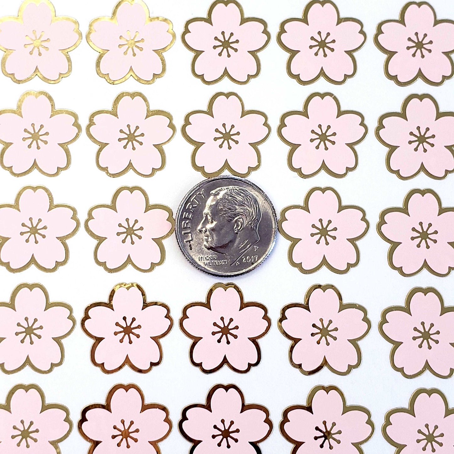 Pink Cherry Blossom Flower Stickers, set of 70 pale pink and gold Sakura flowers stickers for spring weddings, small one half inch flowers.