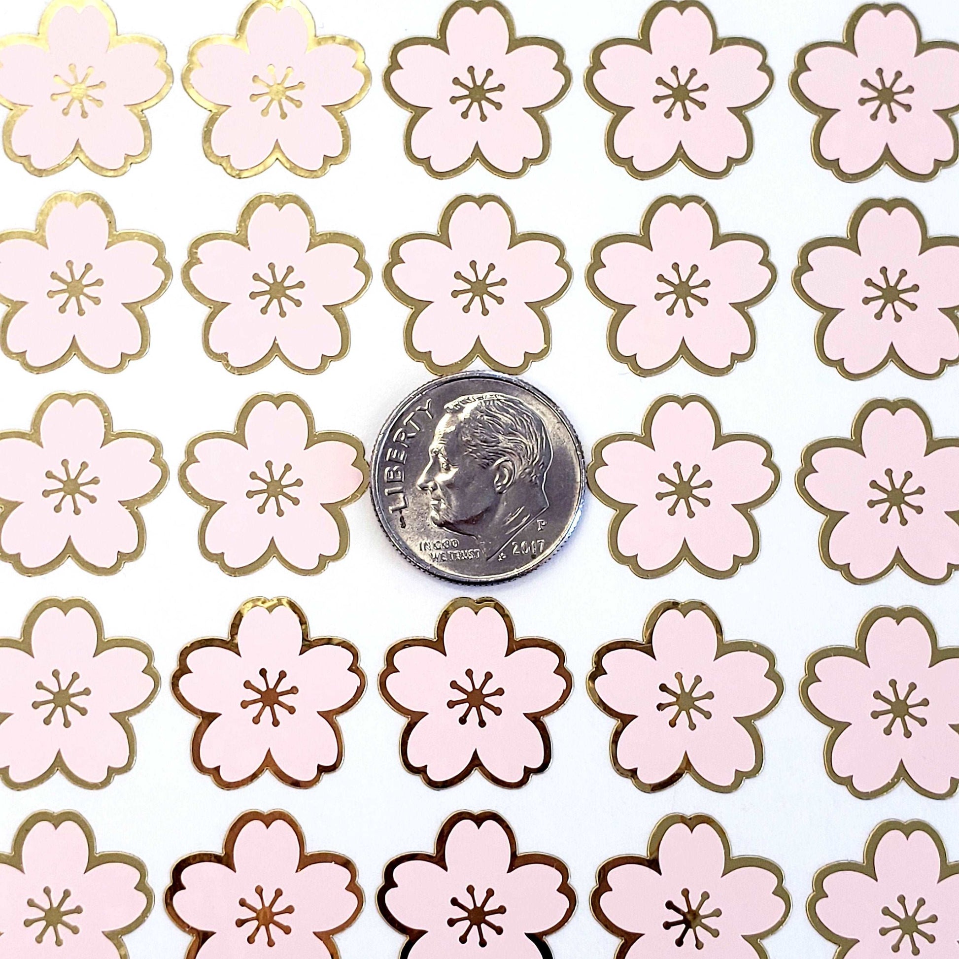 Pink Cherry Blossom Flower Stickers, set of 70 pale pink and gold Sakura flowers stickers for spring weddings, small one half inch flowers.