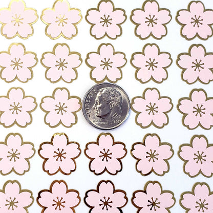 Pink Cherry Blossom Flower Stickers, set of 70 pale pink and gold Sakura flowers stickers for spring weddings, small one half inch flowers.