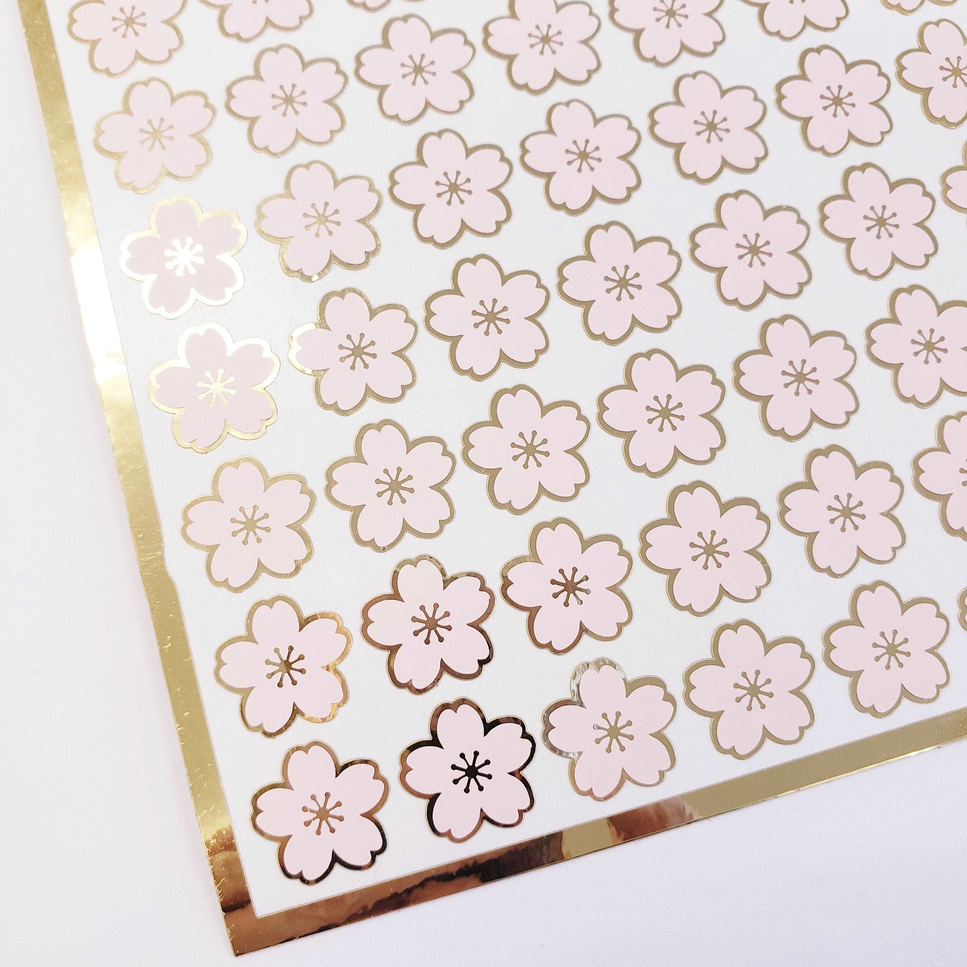 Pink Cherry Blossom Flower Stickers, set of 70 pale pink and gold Sakura flowers stickers for spring weddings, small one half inch flowers.