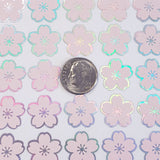 Pink Cherry Blossom Flower Stickers, set of 70 pale pink and silver Sakura flower stickers for spring weddings, small one half inch flowers.