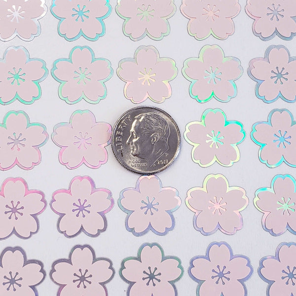Pink Cherry Blossom Flower Stickers, set of 70 pale pink and silver Sakura flower stickers for spring weddings, small one half inch flowers.