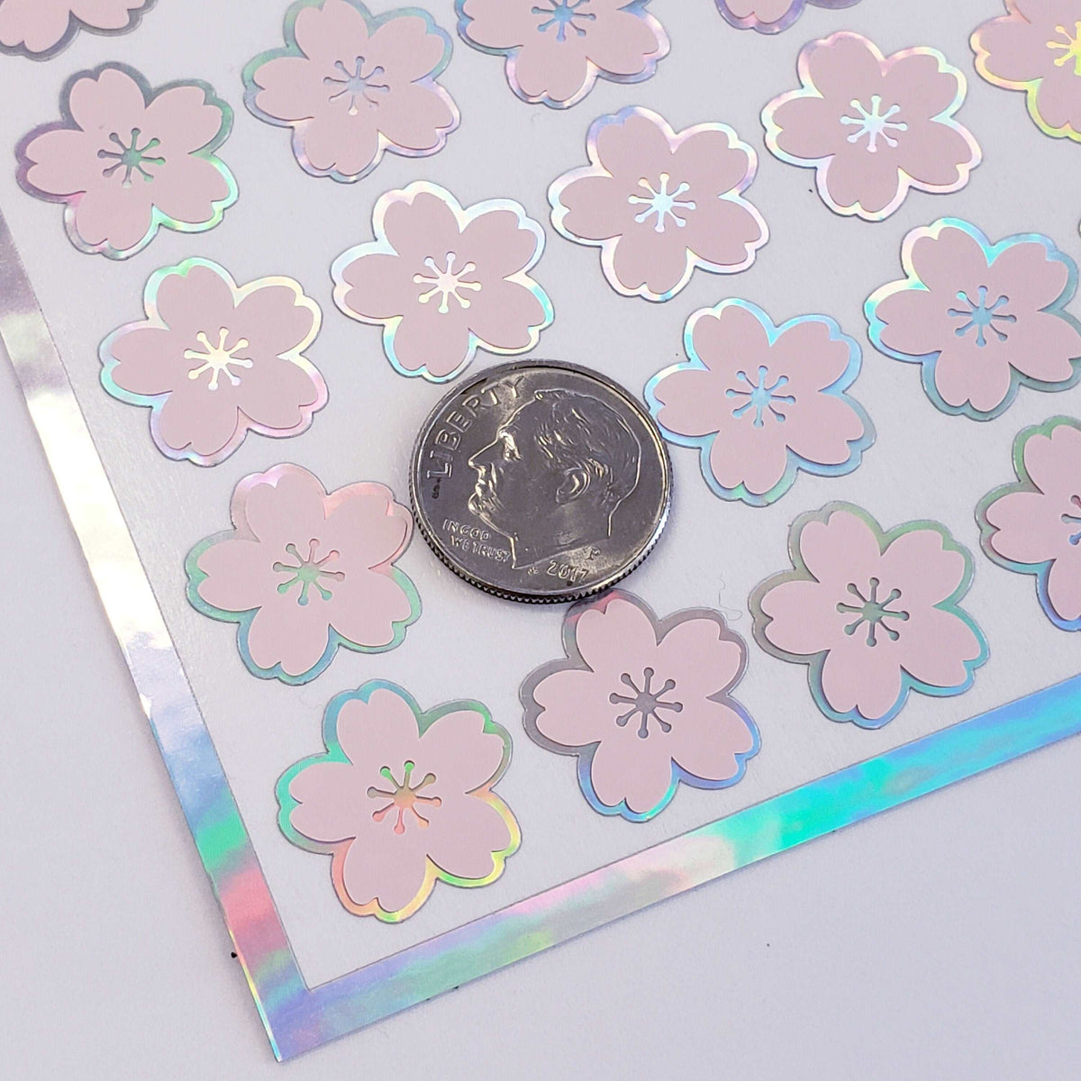 Pink Cherry Blossom Flower Stickers, set of 70 pale pink and silver Sakura flower stickers for spring weddings, small one half inch flowers.