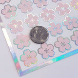 Pink Cherry Blossom Flower Stickers, set of 70 pale pink and silver Sakura flower stickers for spring weddings, small one half inch flowers.